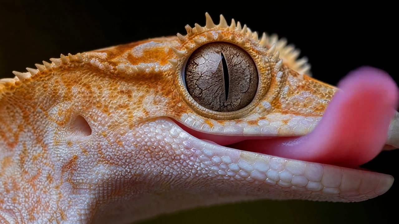 Makroaufnahme eines orangefarbenen Kronengeckos, der die Zunge herausstreckt