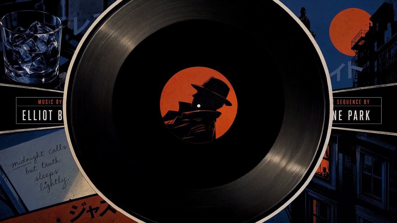 Illustrierte Titelsequenz im Film-noir-Stil mit Schallplatte, Silhouette mit Hut und Nachtstadt