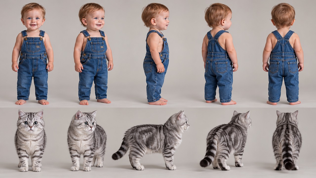 KI-generiertes Figurenblatt vor grauem Hintergrund: das Kleinkind in Jeans-Latzhose und die getigerte Katze, jeweils von vorne, schräg, von der Seite und von hinten