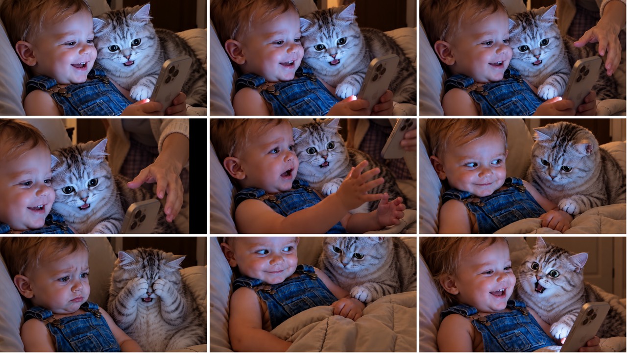 KI-generiertes Raster aus 9 Filmstills: ein Kleinkind in Jeans-Latzhose und eine getigerte Katze schauen abends im Bett auf ein Handy, eine Hand greift nach dem Handy