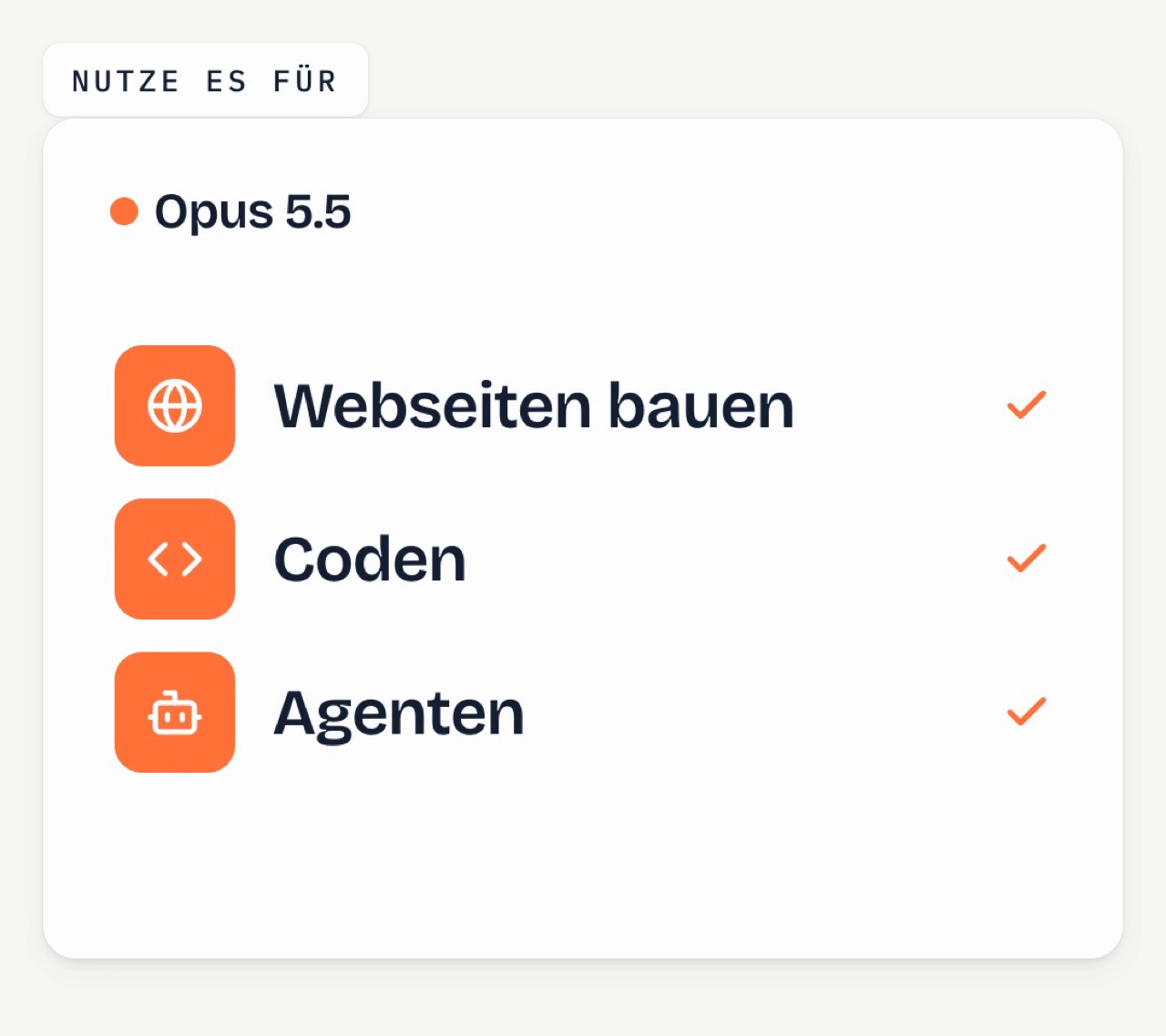 Karte „Nutze es für“ Opus 5.5: Webseiten bauen, Coden, Agenten