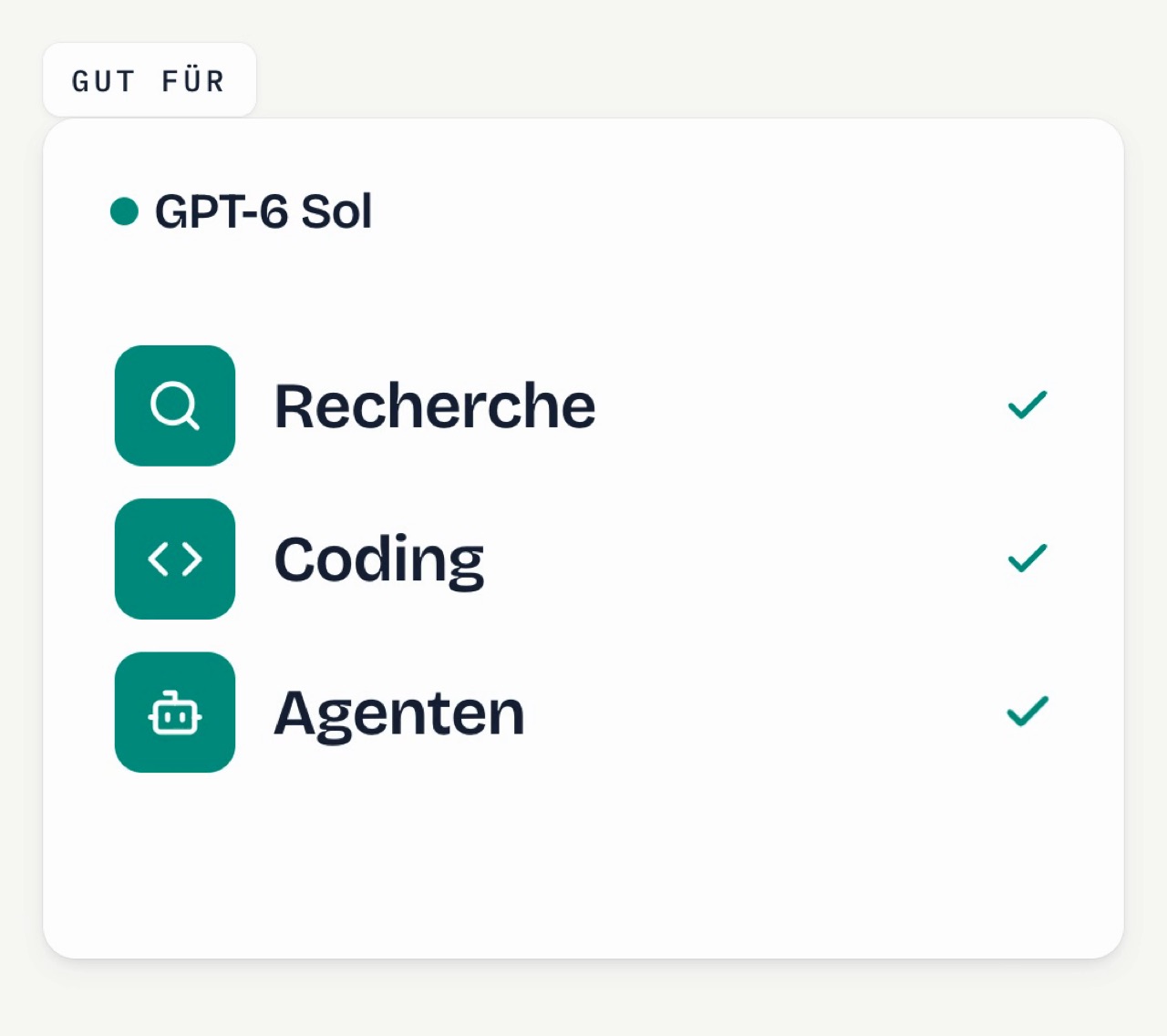 Karte „Gut für“ GPT-6 Sol: Recherche, Coding, Agenten