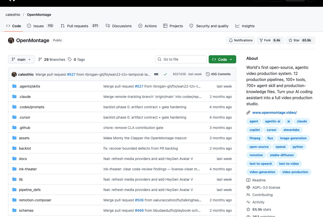 GitHub-Seite des Projekts calesthio/OpenMontage mit rund 66.000 Sternen