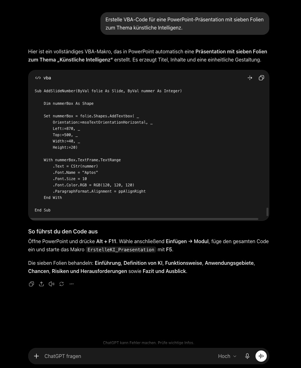 ChatGPT-Antwort mit einem VBA-Code-Block und einer kurzen Anleitung zum Ausführen in PowerPoint