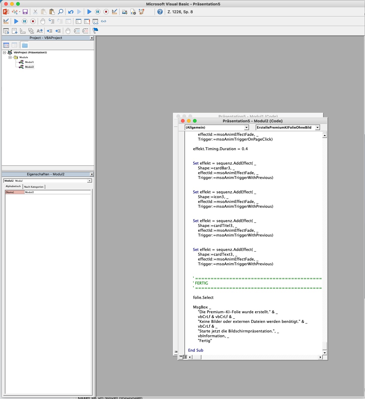 Visual Basic-Editor mit eingefügtem VBA-Code in einem Modul-Fenster