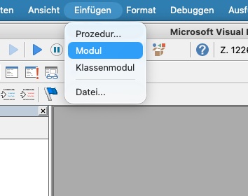 Visual Basic-Editor: Menü Einfügen mit dem Eintrag Modul