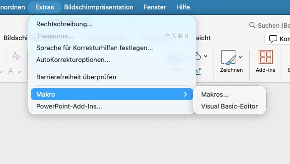 PowerPoint für Mac: Menü Extras, Untermenü Makro mit dem Eintrag Visual Basic-Editor