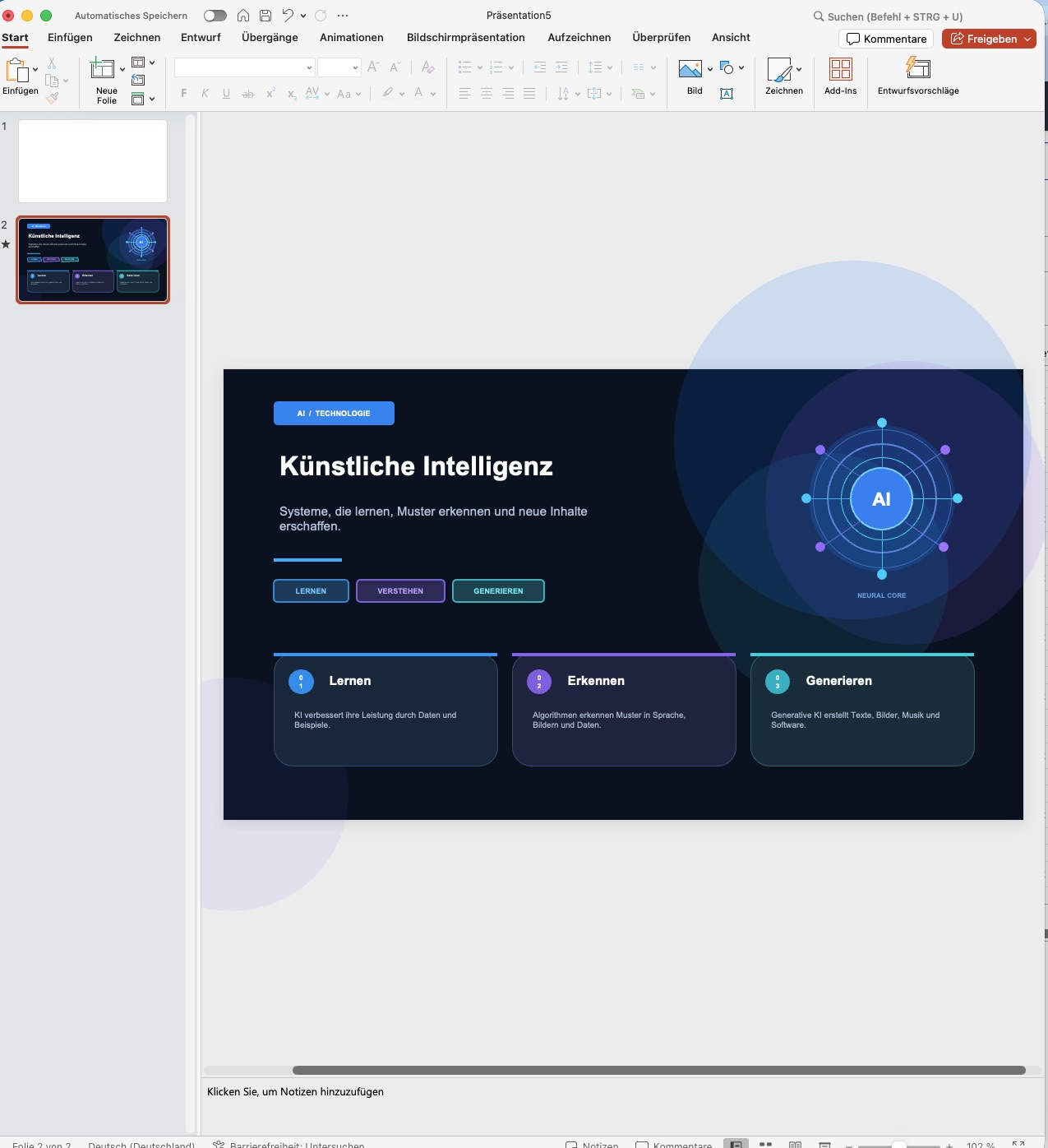 PowerPoint mit einer fertig gestalteten Folie zum Thema Künstliche Intelligenz