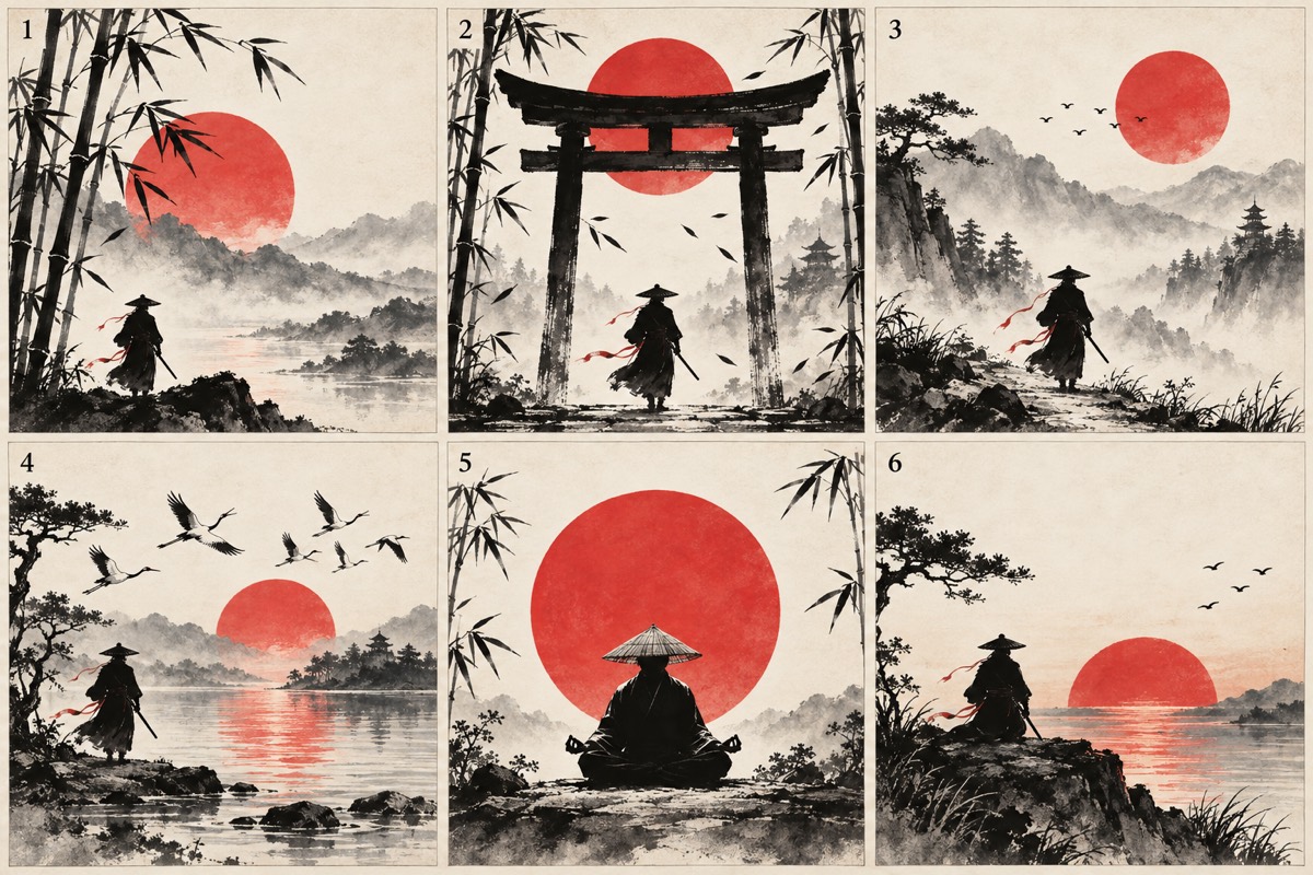 Storyboard mit sechs Szenen im Tuschestil: ein Samurai vor roter Sonne, Bambus, Torii-Tor, Kraniche und Meer