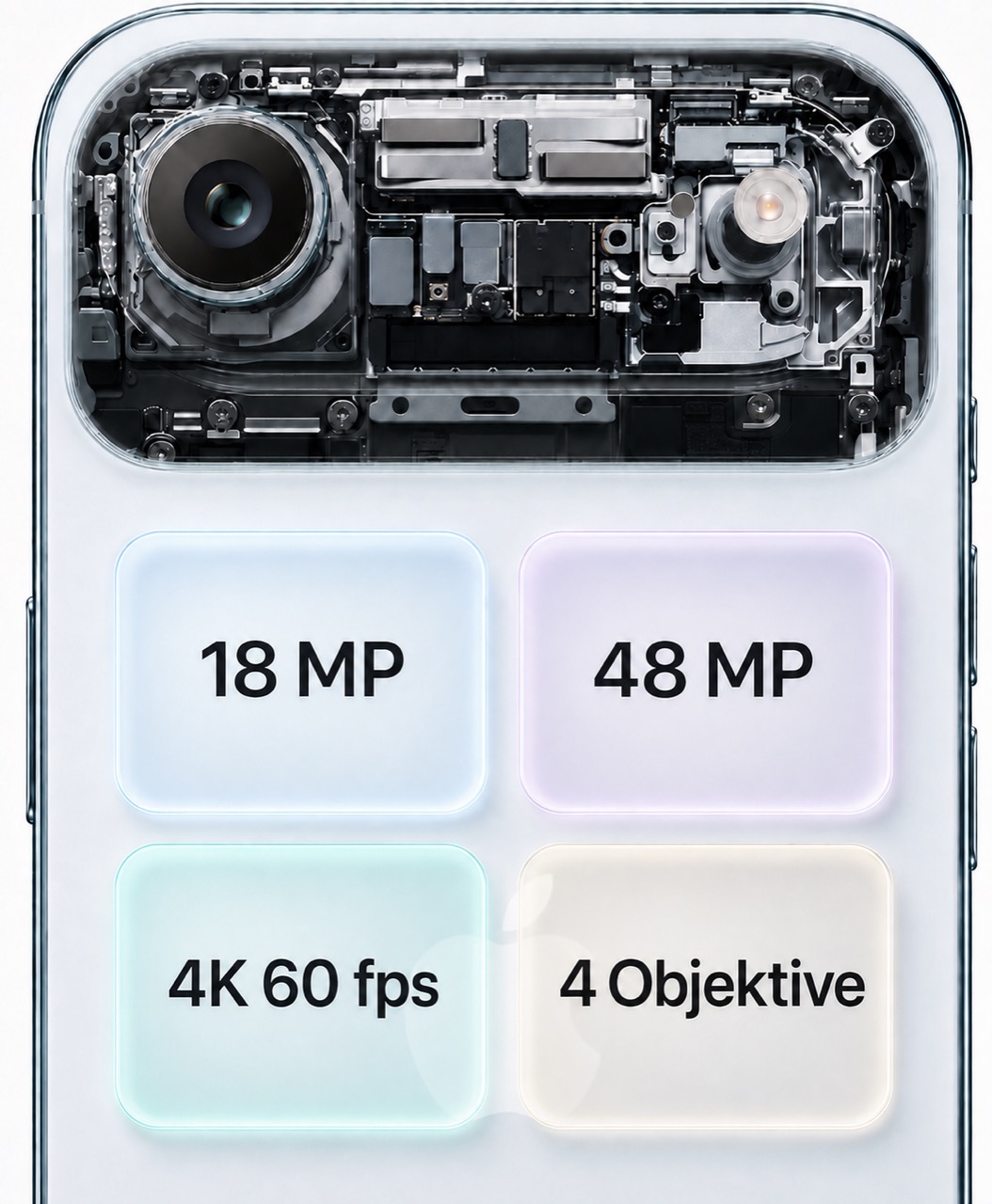 Ein weißes Smartphone, bei dem die Kameratechnik im Inneren sichtbar ist, darunter vier Glaskacheln mit den Angaben 18 MP, 48 MP, 4K 60 fps und 4 Objektive