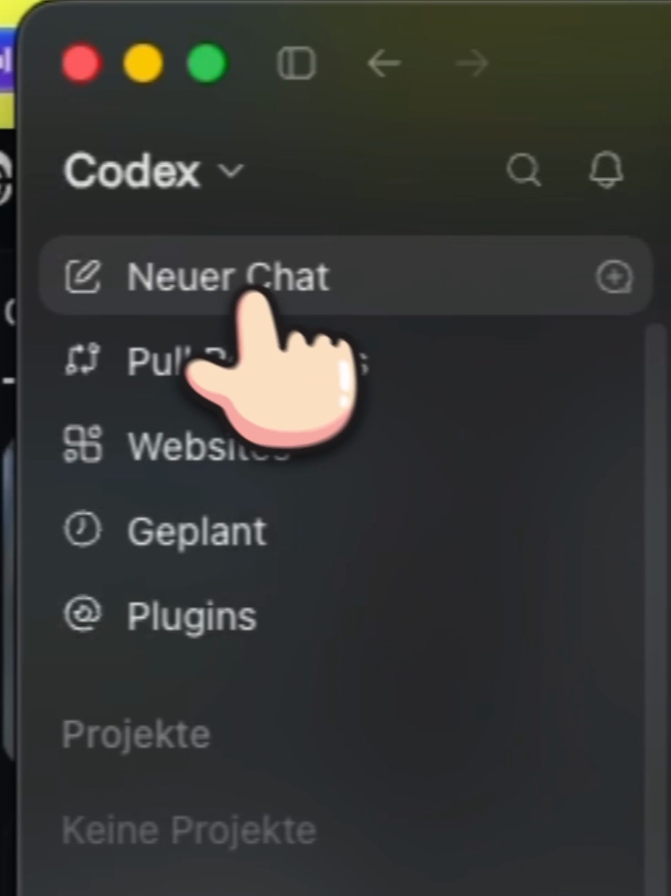 Die Seitenleiste der ChatGPT Desktop App mit dem Bereich Codex und den Einträgen Neuer Chat, Pull Requests, Websites, Geplant und Plugins
