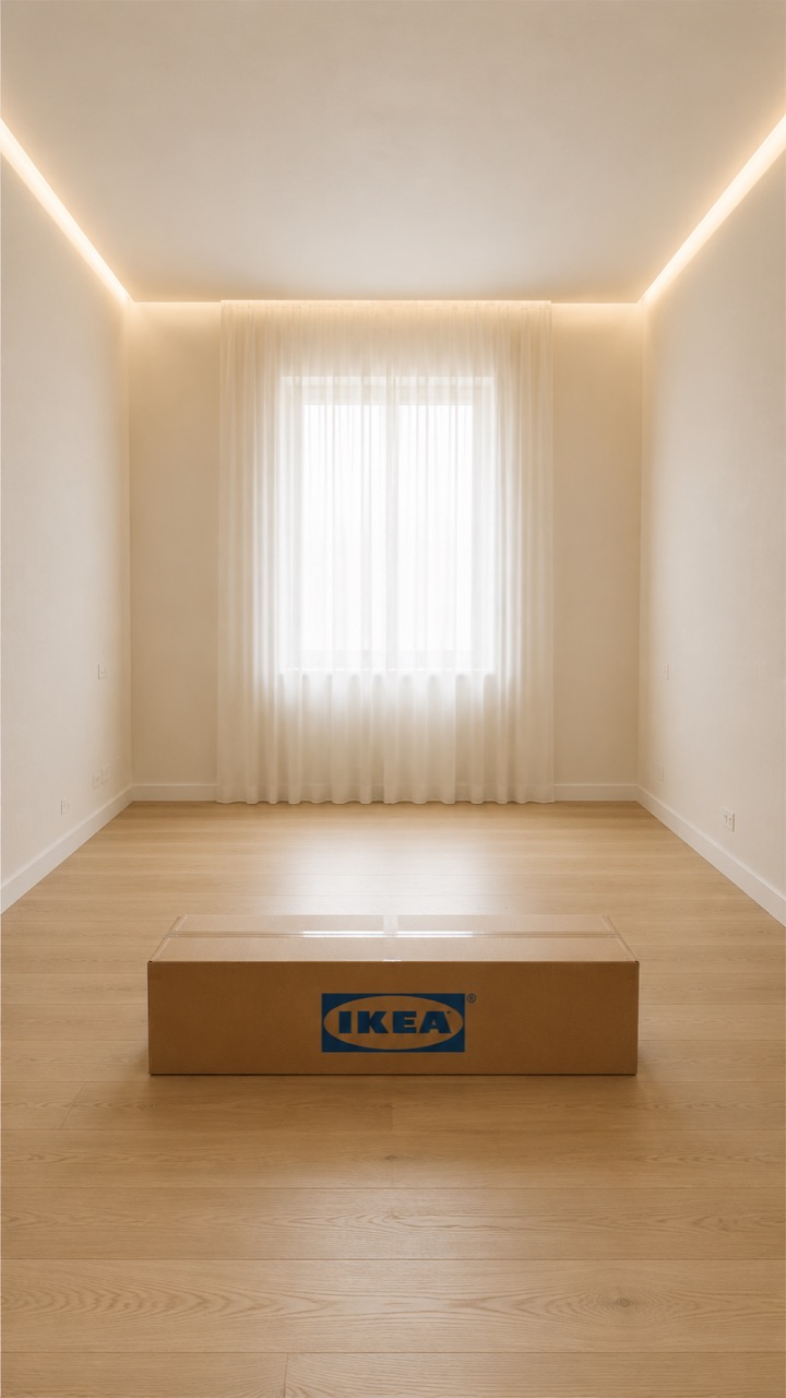 Ein leerer heller Raum mit Fenster, davor steht ein geschlossener IKEA-Karton auf dem Holzboden