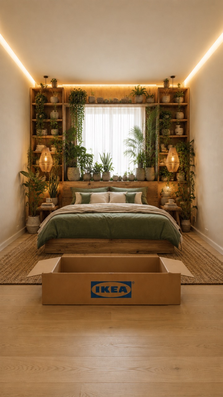 Derselbe Raum, jetzt komplett eingerichtet mit Bett, Lampe, Pflanzen und Teppich