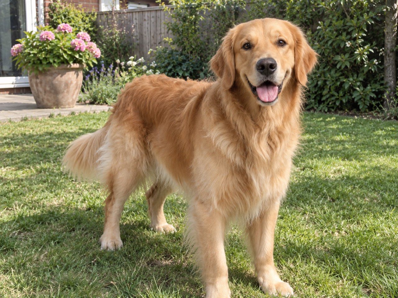 Golden Retriever steht auf einer Wiese im Garten