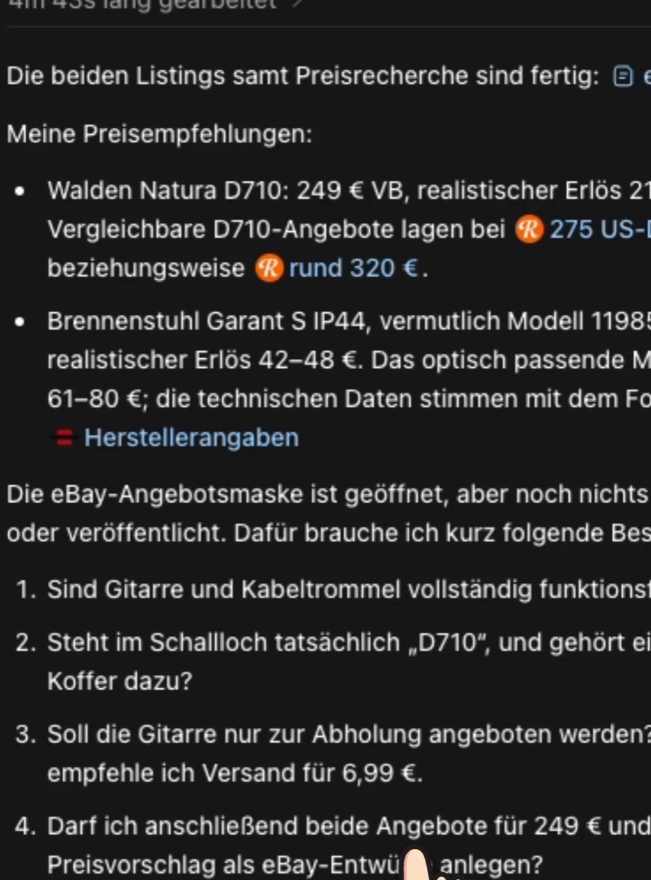 ChatGPT zeigt recherchierte Preisempfehlungen für eine Westerngitarre und eine Werkstattlampe auf eBay