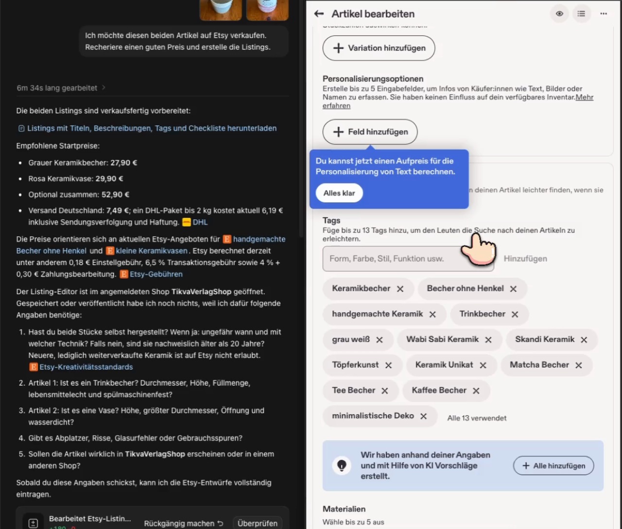 Der Etsy-Listing-Editor mit einem von ChatGPT ausgefüllten Inserat für einen Keramikbecher
