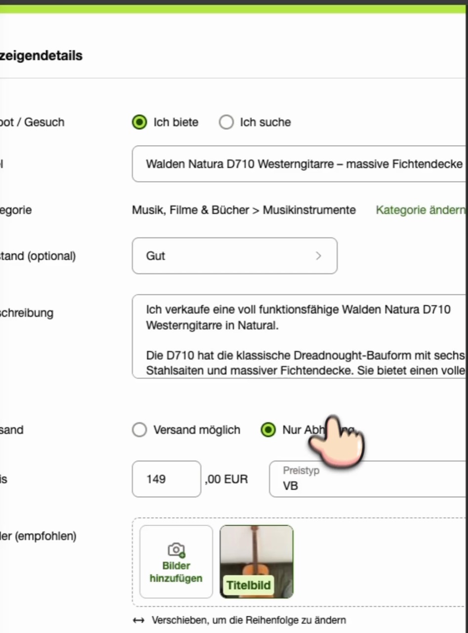 Das Kleinanzeigen-Formular mit der von ChatGPT geschriebenen Anzeige für eine Gitarre