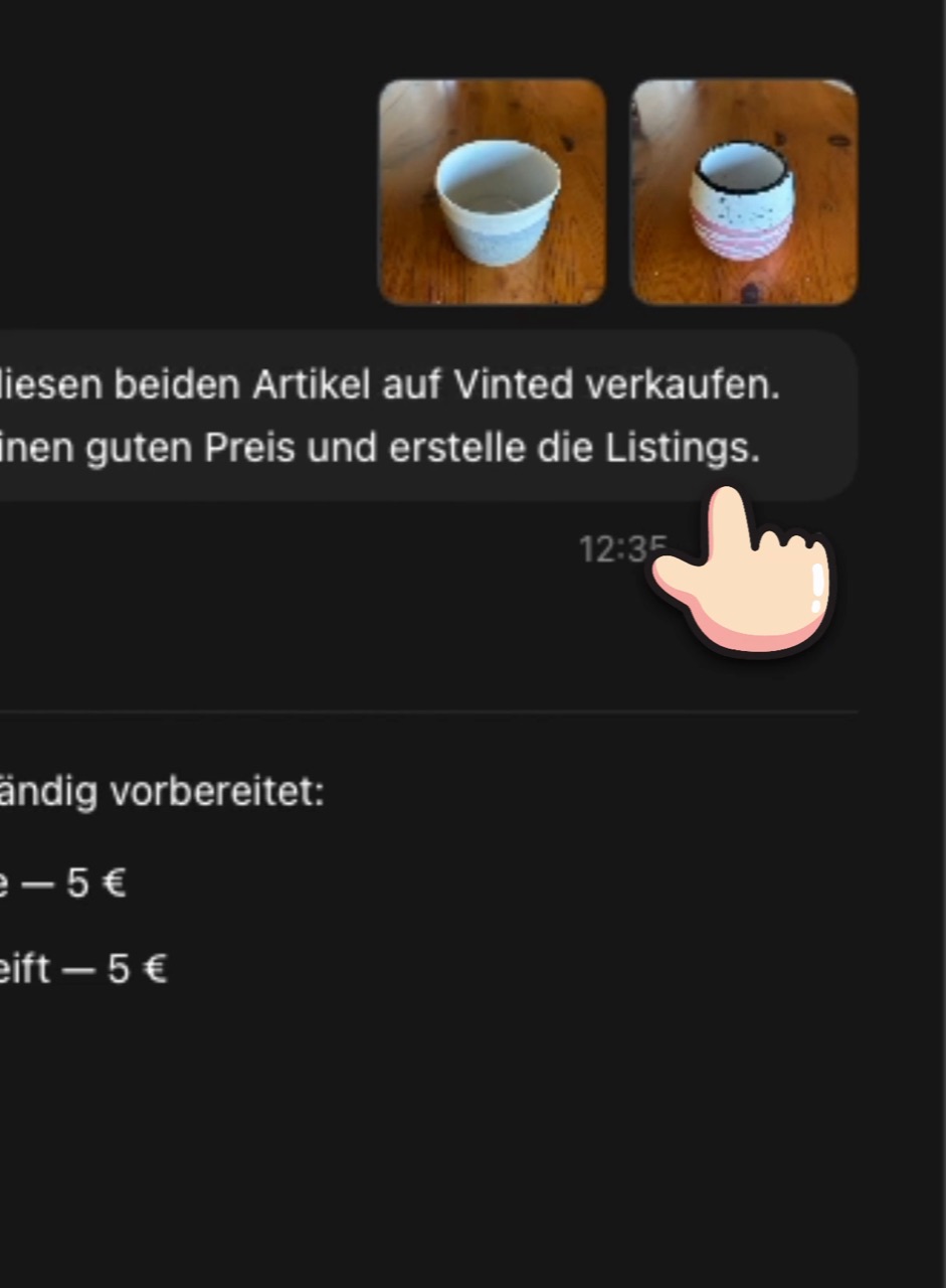 Der Chat mit zwei angehängten Fotos von Keramik-Übertöpfen und dem Verkaufs-Prompt