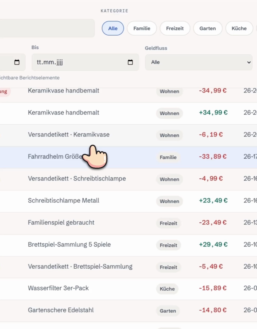 Die eBay-Haushaltsübersicht mit einer Liste einzelner Buchungen