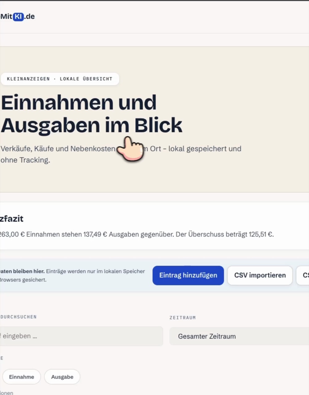 Einnahmen-Report für Kleinanzeigen mit Überschuss-Kennzahlen