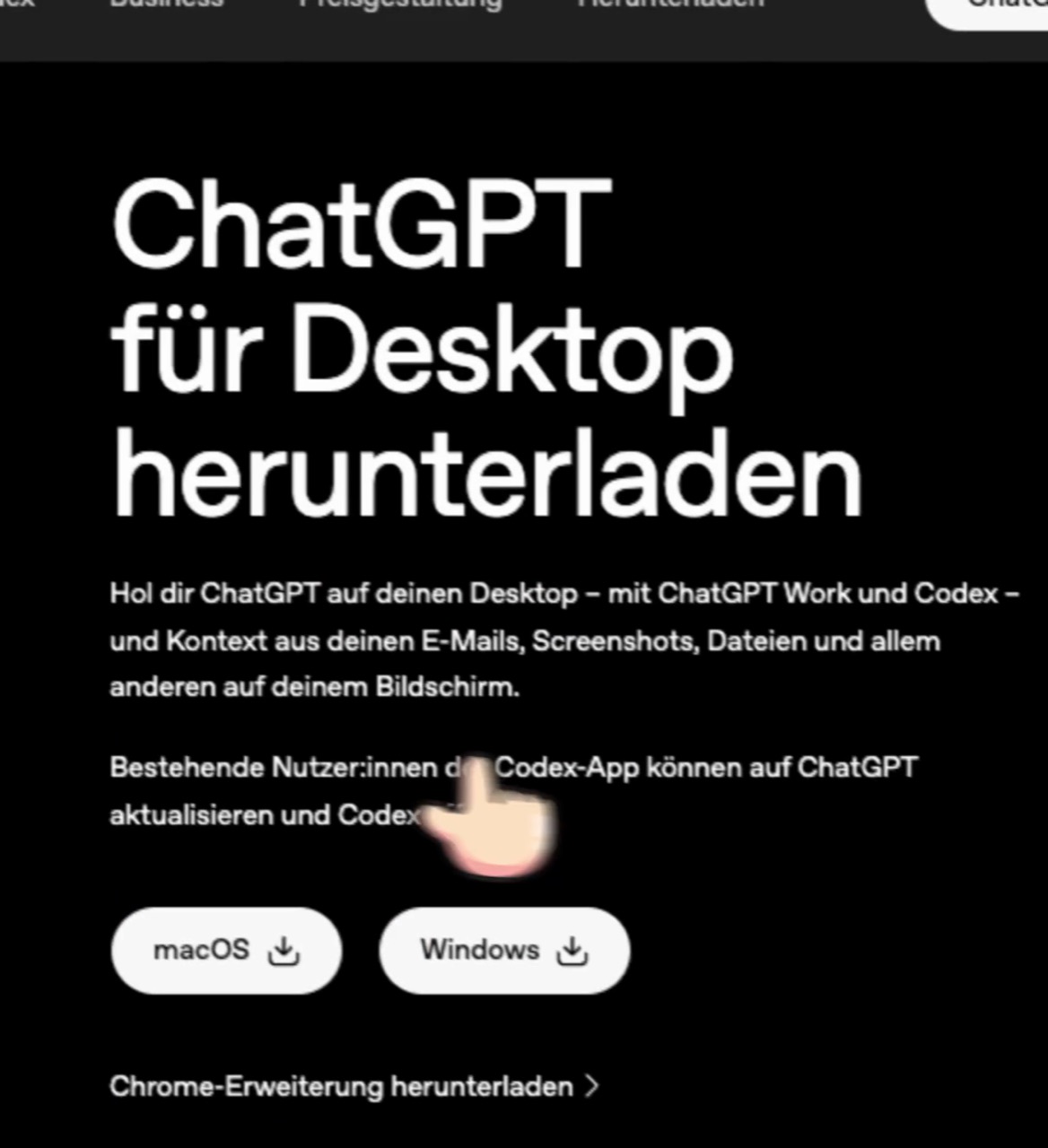 Die Download-Seite „ChatGPT für Desktop“ mit Buttons für macOS und Windows
