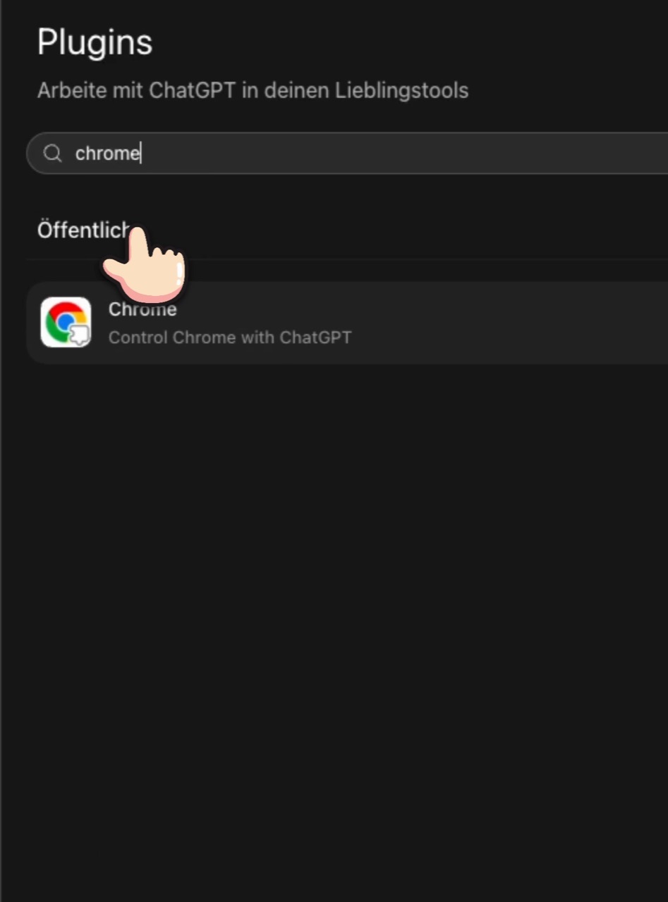 Die Plugin-Suche in ChatGPT mit dem Suchbegriff chrome und dem Treffer Chrome