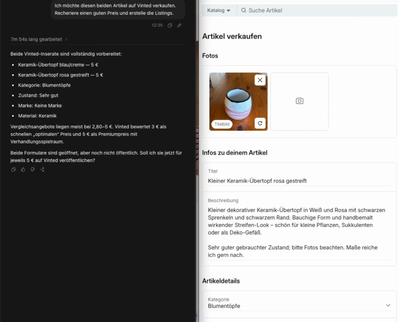 Links das ausgefüllte Vinted-Verkaufsformular mit Fotos der Übertöpfe, rechts die Zusammenfassung von ChatGPT