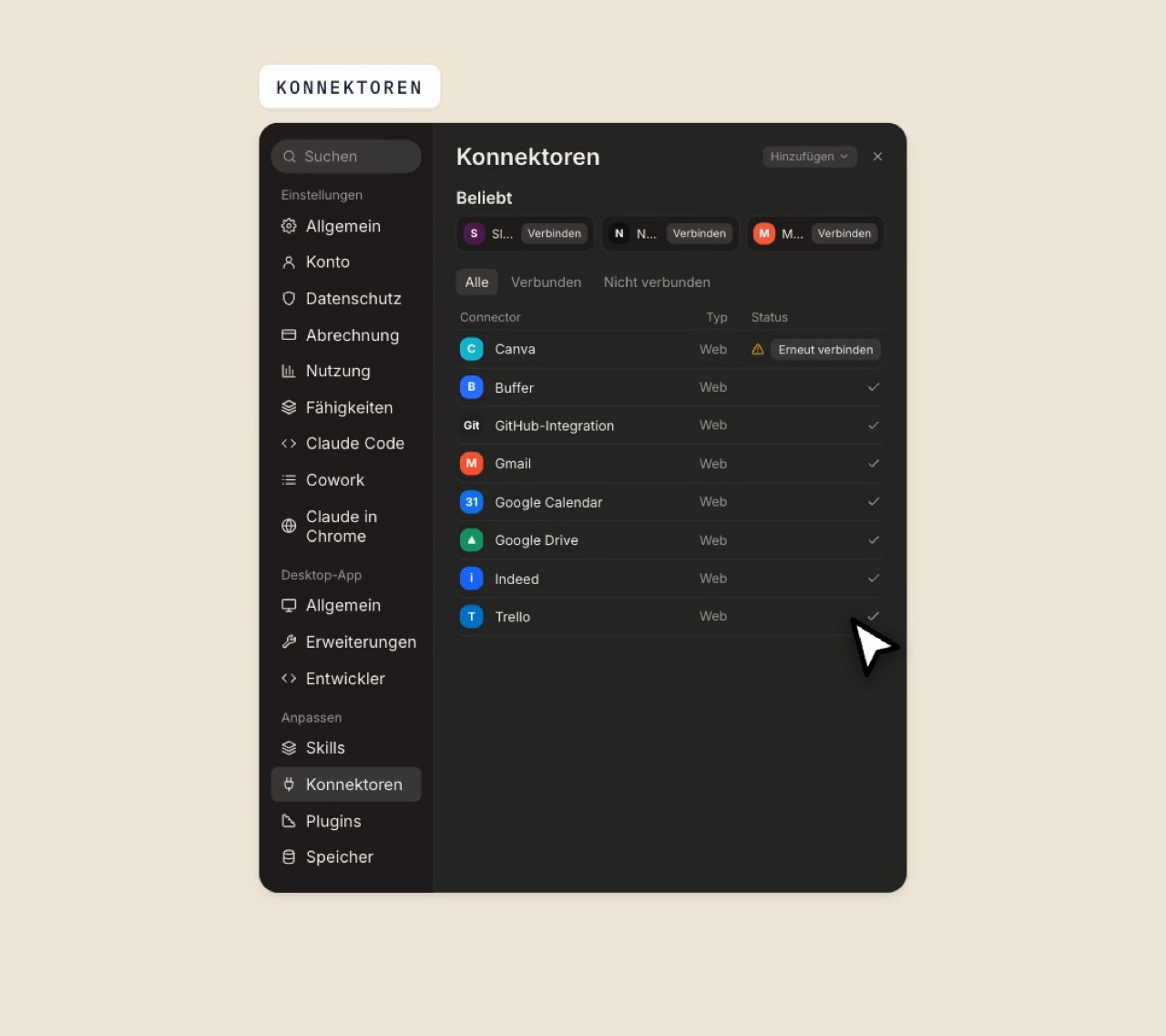Claude-Einstellungen, Bereich Konnektoren mit Canva, Buffer, GitHub, Gmail, Google Kalender, Google Drive, Indeed und Trello