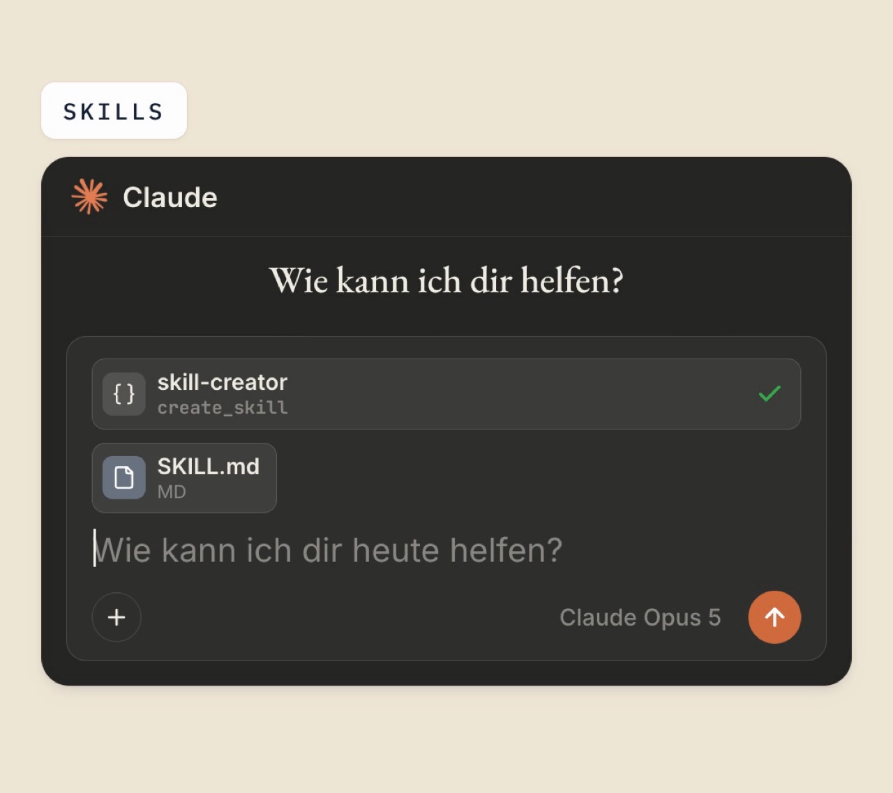 Claude-Eingabefeld mit dem Skill-Werkzeug skill-creator und einer Datei SKILL.md