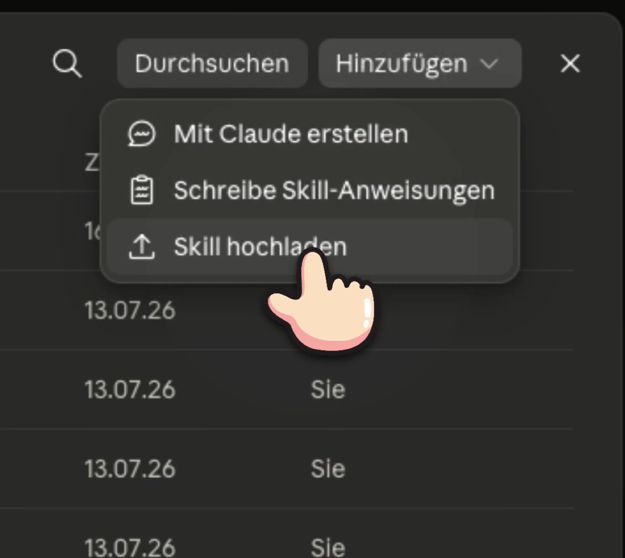 Claude-Einstellungen: das Menü „Hinzufügen“ mit der Option „Skill hochladen“